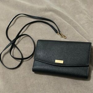 kate spade Black Saffiano Crossbody Wallet with Gold Plaque